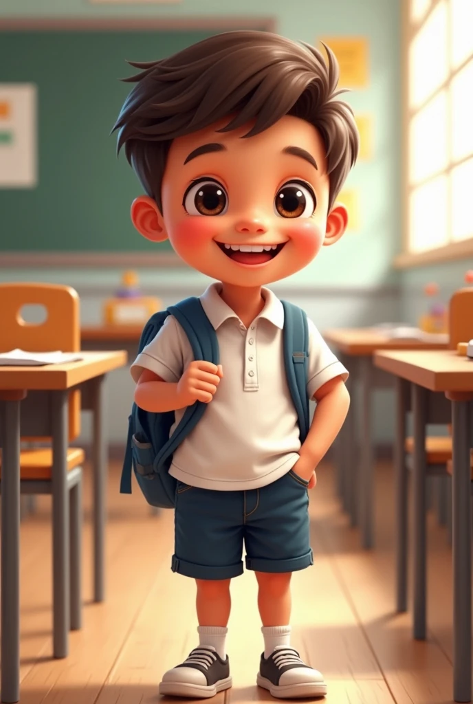 Drawing of a 3rd grade boy on his first day of school with a happy face, wear dark blue shorts, white collared shirt 