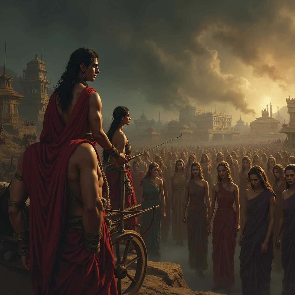 On the battlefield, visualize Arjuna in his chariot, his face etched with deep worry and sorrow. He is pointing towards the chaos around him, where the traditional societal structures are collapsing. Show the battlefield filled with confusion and disorder. In the foreground, depict spectral images of women from different families, their appearances becoming corrupted and distorted, symbolizing the degradation of moral values and the resulting chaos. These figures should appear distressed and disheveled, reflecting the loss of virtue and integrity. In the distance, the battlefield is shrouded in dark, swirling mists, representing the rise of adharma (unrighteousness). Krishna stands beside Arjuna, his expression calm yet serious, providing a counterpoint to Arjuna’s distress. The scene should emphasize the breakdown of social order and the moral crisis unfolding in the midst of the war