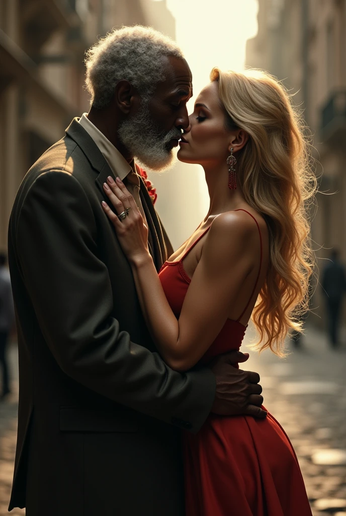 a fat old homeless black man, a rich beautiful blonde woman, wearing shorts and high-heeled sandals, standing full-length, kissing, extremely detailed, cinematic lighting, dramatic composition, epic romance, photorealistic, 8k, high quality, masterpiece, hyper realistic, dramatic atmosphere, stunning colors, dynamic pose, intense emotion, chiaroscuro lighting, classical art style, oil painting
