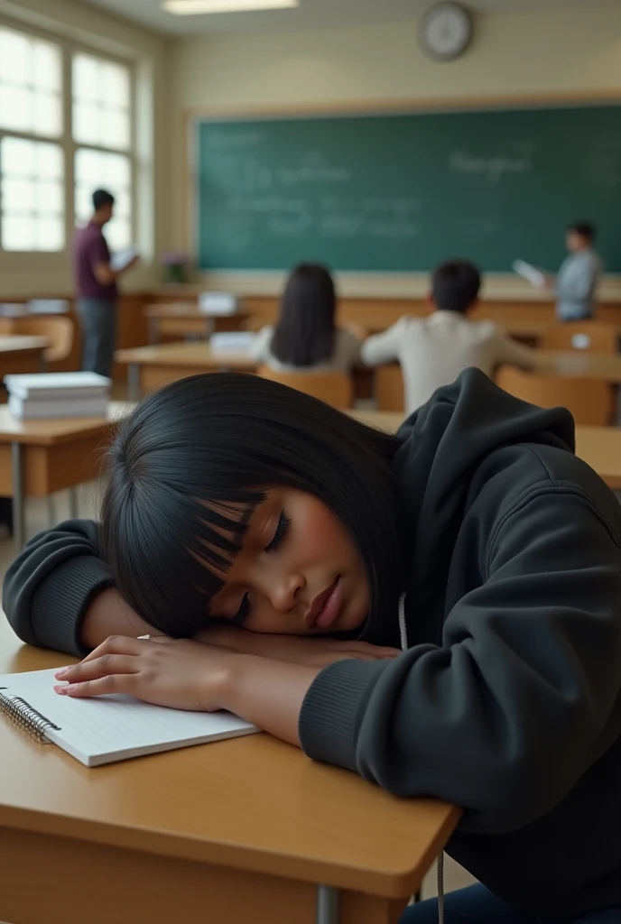uma negra,straight black hair and bangs in the classroom in the black hoodie sleeping in the classroom,expanded view of the classroom,realisitic