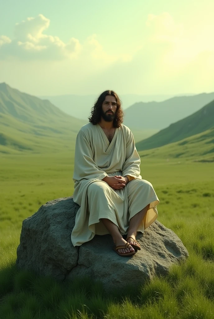 Jesus sitting on a rock in the middle of a flat green valley looking towards the screen 
