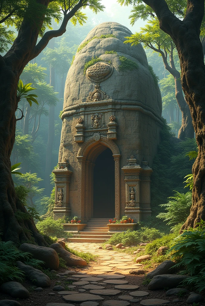 Create a ancient sacred rock in amidst a dense forest ancient hindu