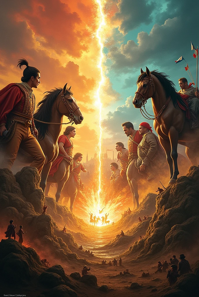 bottom: The cover is divided into two halves, each representing one side of the conflict. On the left side, is located in the North of Latin America, while on the right side is the South of Latin America. The dividing line between the two sides is a series of flames or lightning bolts that add a sense of dynamism and conflict..
North Side:
Colors and style: A palette of warm and vibrant colors such as orange predominates., red and gold.
Visual Elements: It shows emblematic figures from the northern independence process, como Simón Bolivar y Francisco de Paula Santander. Bolivar, with his famous military uniform and cape, He is in a heroic pose with the flag of Gran Colombia waving behind him. Santander, with his determined look, is next door, holding a map of the region.
scenery: The background shows mountains and tropical landscapes typical of northern Latin America., like the Andes Mountains and the Amazon rainforest. There are historical elements like cannons and battles in the background to add drama..
South Side:
Colors and style: A palette of fresh and cold colors predominates, like green, blue and white.
Visual Elements: Features key figures from the South, como José de Saint Martin y Bernardo O'Higgins. Saint Martin, with his military uniform and a determined expression, is raising the flag of the Andes. O'Higgins is on your side, Showing his distinctive style and with an expression of leadership.
scenery: The background illustrates the Argentine pampas, the Chilean desert and highlands. There are elements of independence, like the Mount of Olives and flags waving proudly.
Center of Confrontation: In the center of the cover, where the two halves meet, There is a great energy clash. This can be represented as an explosion of light, lightning or flames, symbolizing the conflict and the fight for independence. In this central space, unit symbols may be included, like a rising sun or a combination of flags,