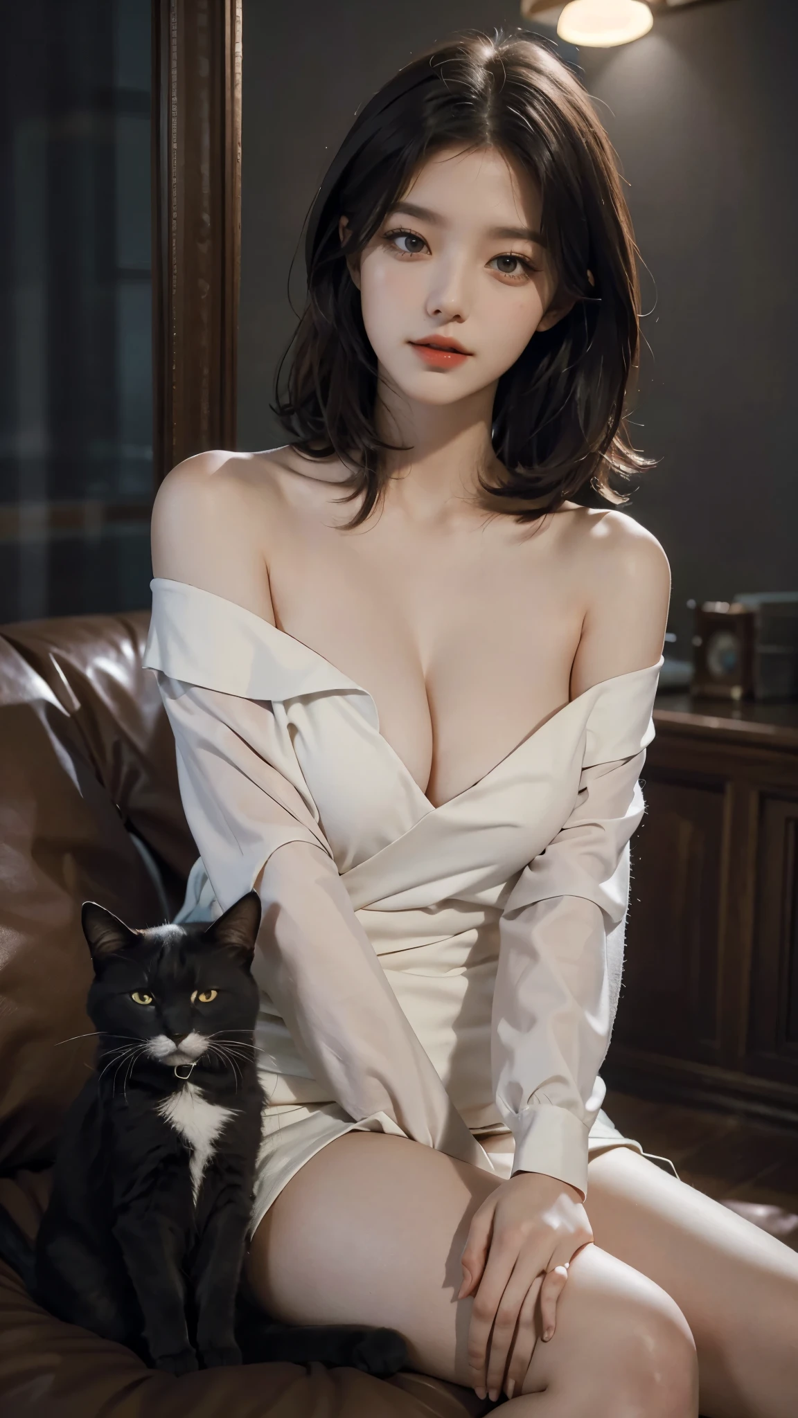 best quality, masterpiece, ultra high resolution, (Actually:1.5), RAW photos, 1 cat, popular, In the darkness of the night, deep shadows, low pitch, cold light, sexy look,shoulder length straight bob hair,slim