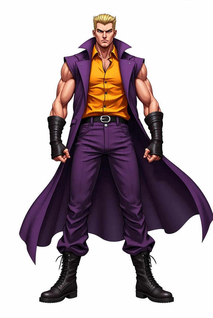 JJBA style, full body image, masterpiece, ultra-detailed, purple sleeveless trench coat, man, leather wristbands, White background, Tactical Boots, shirt #ffba00, more JJBA style, dynamic leadership style