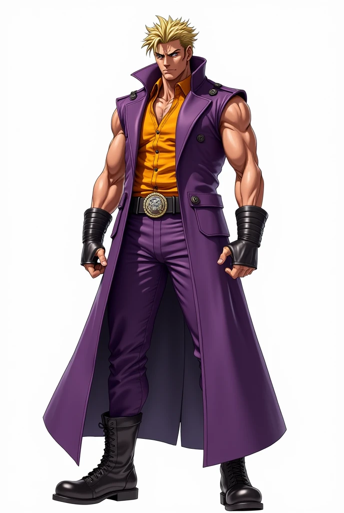 JJBA style, full body image, masterpiece, ultra-detailed, purple sleeveless trench coat, man, leather wristbands, White background, Tactical Boots, shirt #ffba00, more JJBA style, dynamic leadership style