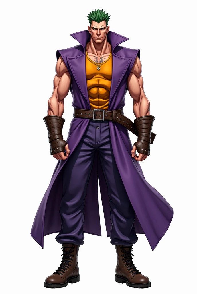 JJBA style, full body image, masterpiece, ultra-detailed, purple sleeveless trench coat, man, leather wristbands, White background, Tactical Boots, shirt #ffba00, more JJBA style, dynamic leadership style
