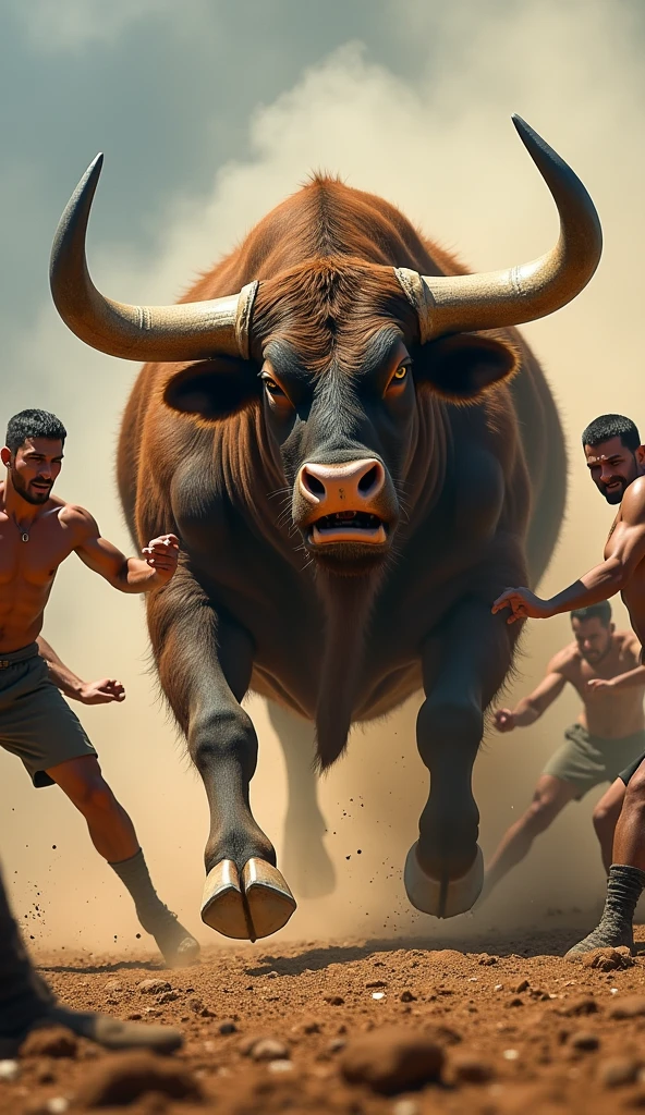 angry Bull Runing and attack on 4 men