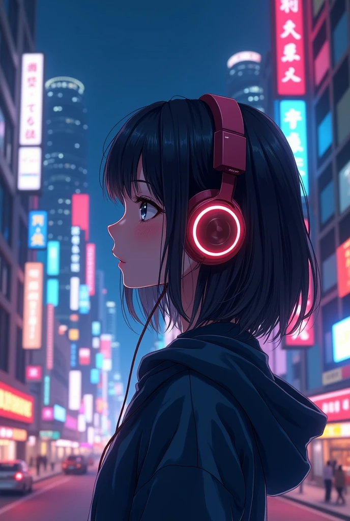 8K(Highest quality)(masterpiece)City of night、Girl wearing headphones and listening to music、Colorful、Anime drawings