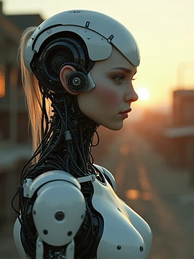 (((masterpiece))),(((best quality))),((ultra-detailed)),(highly detailed CG illustration),((an extremely delicate and beautiful)),cinematic light,((1mechanical ultra hot gorgeous European woman. Age 23)),solo,(cowboy shot:1.2),((epic cleavage 100e size))(machine made joints:1.2),((machanical limbs)),(blood vessels connected to tubes),(mechanical vertebra attaching to back),((mechanical cervial attaching to neck)),expressionless,(wires and cables attaching to neck:1.2),(wires and cables on head:1.2),(character focus),science fiction,extreme detailed,darkrful,highest detailed,background, early morning light.in an abandoned old west town.