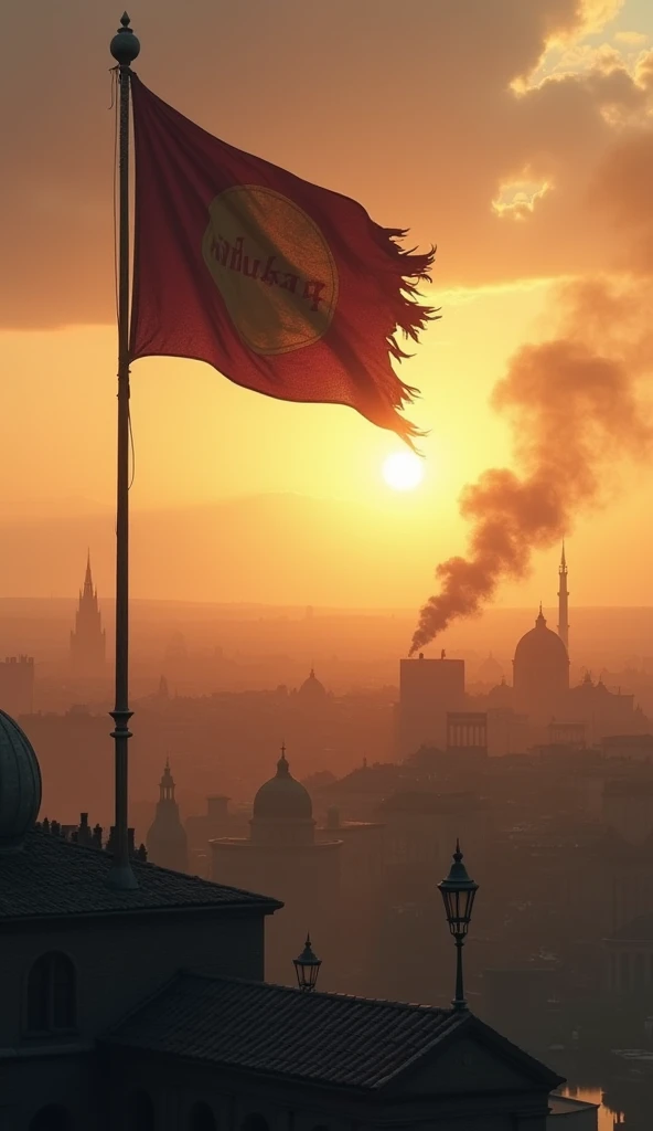 The city of Rome, seen from a distance, with smoke rising as the sun sets. Odoacer’s banner flies high above the city, marking the end of the Western Roman Empire.