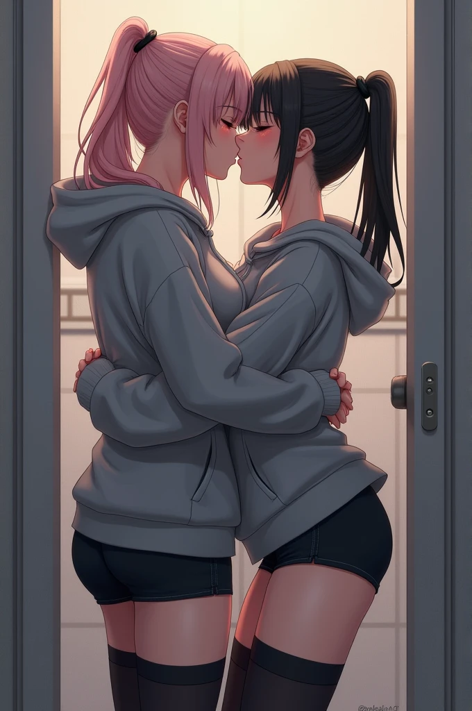 2 girls grabbing ass, kissing, in a gamer room, pink  hair, with glasses, sex