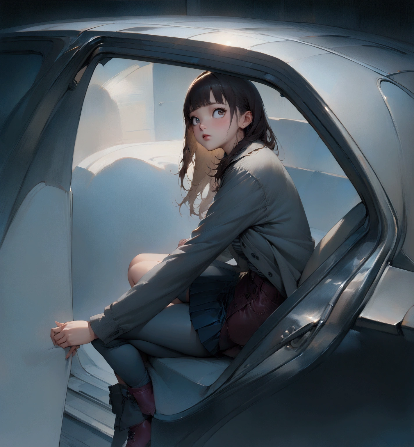 realistic anime illustration of adorable young woman is posing around black car, she has dyed brown long straight hair with bangs, wears gray long sleeve shirt jacket, white-black striped strapless, denim pencil mini skirt with pleated, burgandy ankle boots, (1girl, solo, full body), (masterpiece, best quality, japanese anime style), (expressive eyes, perfect face), BREAK, (gray long sleeve shirt jacket, white-black striped strapless, denim pencil mini skirt with pleated, burgandy ankle boots)