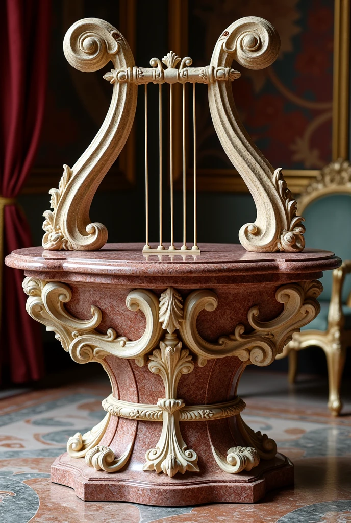 Turned table, lyre-shaped with large handles, Baroque style, with colored marble finish
