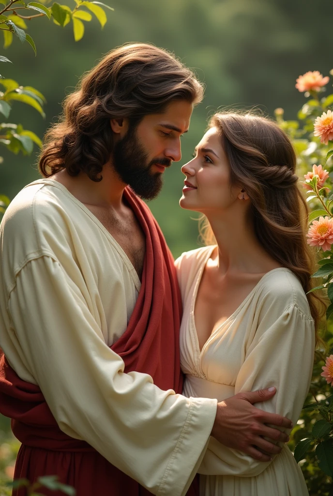 masterpiece), (highly detailed),jesus with A girl, young, beautiful, flowers, nature shot, real photography, 8K, HD