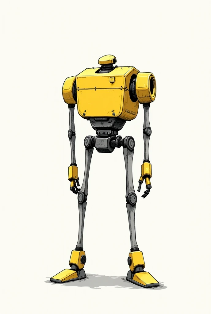 BLACK AND WHITE LINE SKETCH WITHOUT 2D FILL THAT LOOKS AT A ROBOT WITH THE FOLLOWING CHARACTERISTICS FROM THE FRONT AS IF IT WERE DRAWN IN A NOTEBOOK, simple, geometric : Metallic yellow color Short height LEVITA Thick build Long limbs