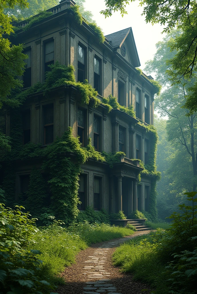 a dilapidated abandoned building, overgrown vines and moss covering the walls, broken windows, crumbling bricks, sunlight streaming through the cracks, eerie but beautiful atmosphere, gloomy and mysterious, (best quality,8k,highres,masterpiece:1.2),ultra-detailed,(realistic,photorealistic,photo-realistic:1.37),dramatic lighting,moody colors,cinematic composition,abandoned,derelict,decrepit,crumbling,neglected,nature reclaiming,verdant,lush,haunting,atmospheric