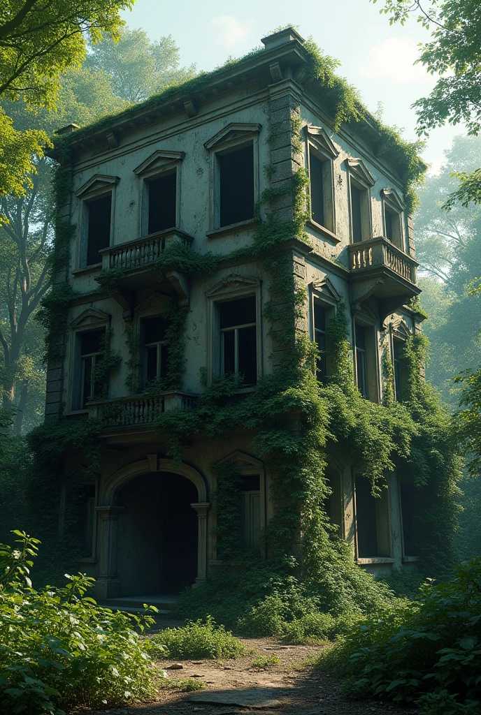 a dilapidated abandoned building, overgrown vines and moss covering the walls, broken windows, crumbling bricks, sunlight streaming through the cracks, eerie but beautiful atmosphere, gloomy and mysterious, (best quality,8k,highres,masterpiece:1.2),ultra-detailed,(realistic,photorealistic,photo-realistic:1.37),dramatic lighting,moody colors,cinematic composition,abandoned,derelict,decrepit,crumbling,neglected,nature reclaiming,verdant,lush,haunting,atmospheric