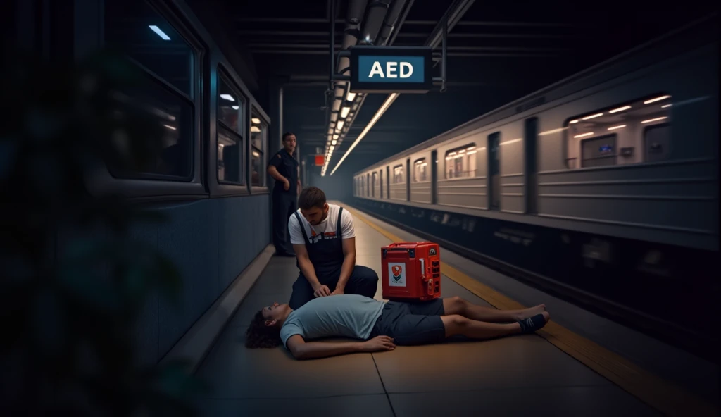 Scene at subway station，A subway train passing by in the background，Someone in front is using an AED to rescue the person lying down