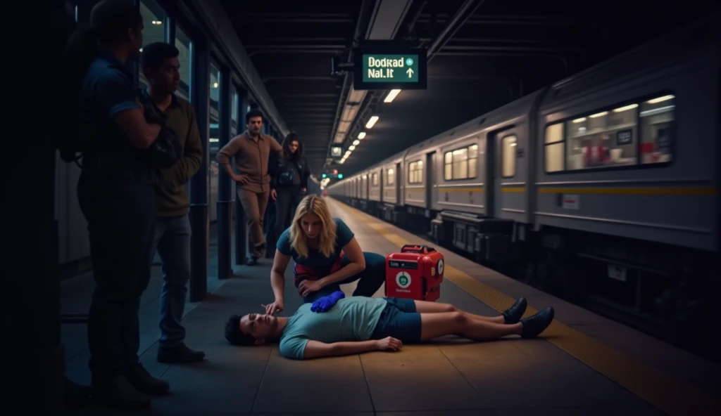 Scene at subway station，A subway train passing by in the background，Someone in front is using an AED to rescue the person lying down