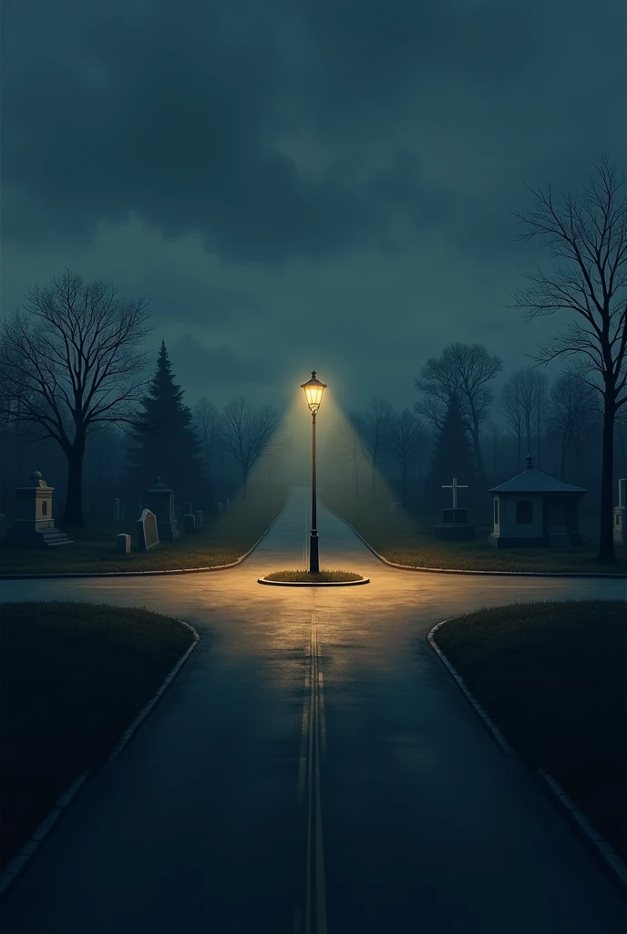 There is a lamppost at the intersection of three roads.  There are cemeteries on both sides of the middle road.size9.16