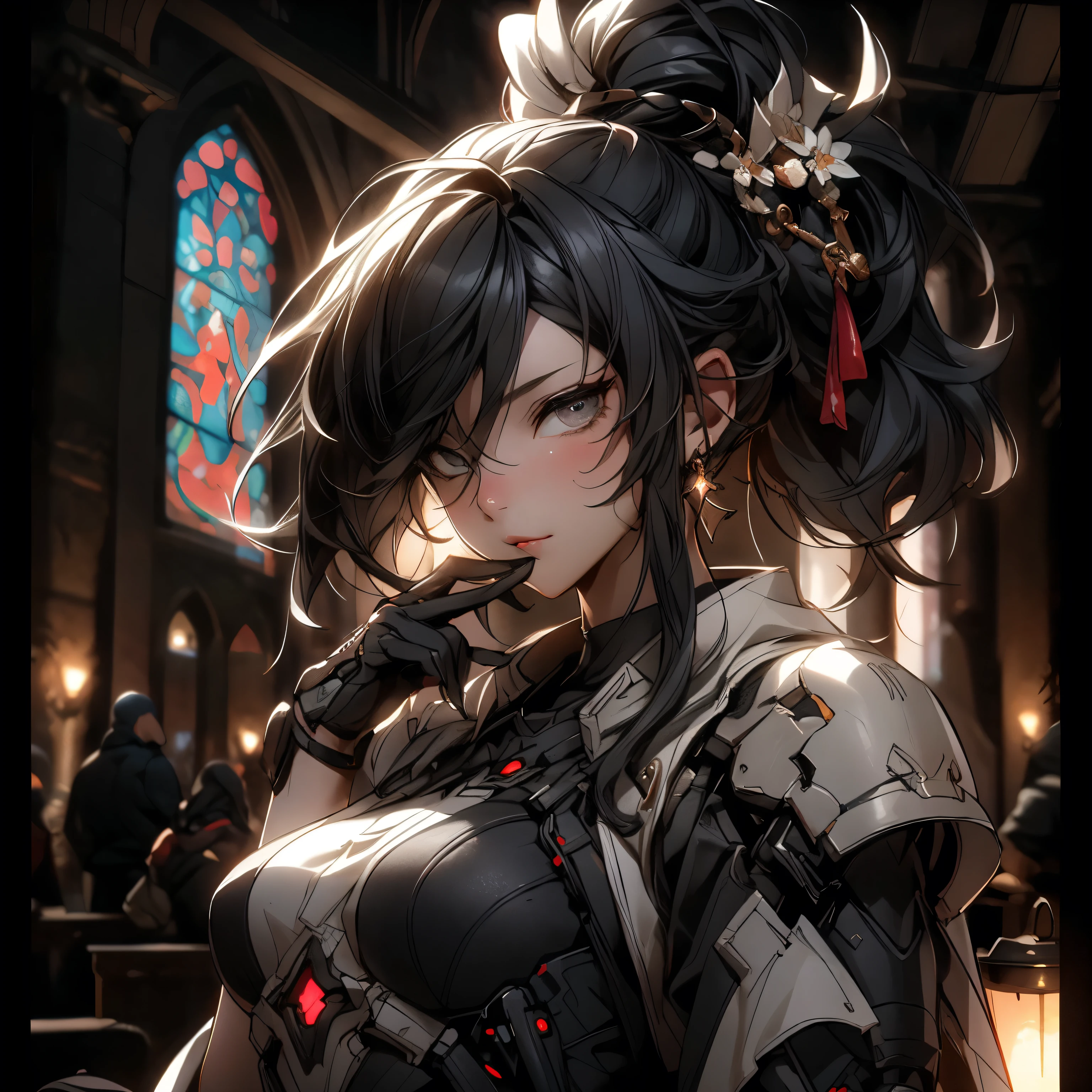 (best quality)), ((Masterpiece)), (details:1.4), 3d, HDR (high dynamic range), an image of a beautiful cyberpunk female, fantasy, Cyberpunk, Medieval, Black hair, Highi ponytail, Hips up, Beautiful white eyes, จมูกโด่ง, ปากแดง, หน้าอกใหญ่, nvidia RTX, PBR surface, After processing, Anisotropic filtration,depth of field, Maximum clarity and clarity, multi-layered surface, Subsurface scattering, perfect proportions, 8K raw files, ultra detailed, Perfect proportions, volumetric lighting, soft lighting, Holy Paladin, Heavy Black Armor, glossy skin, intricate silver embroidery, chapel background, jewely, ต่างหู, นิ้วมือสมบูรณ์,