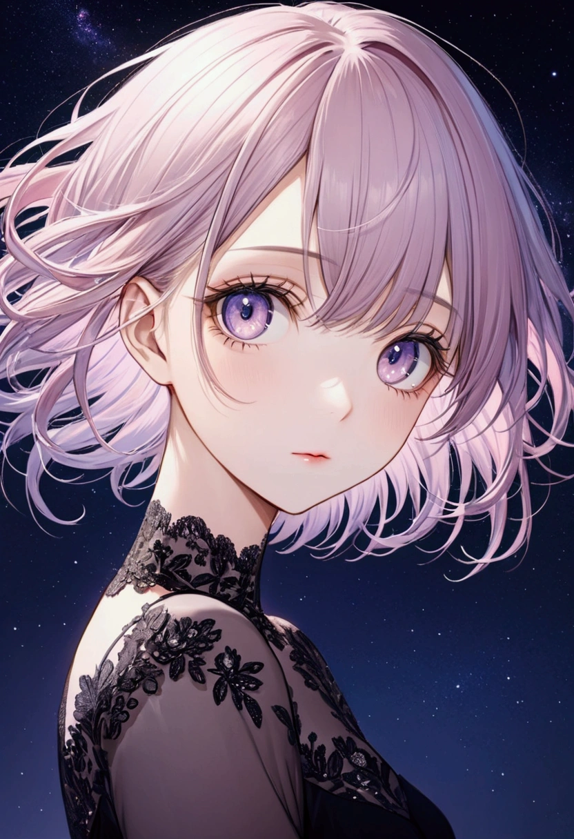 ((masterpiece,best quality)),(negative space:1.4),(1girl, solo:1.4),beautiful detailed eyes,floating pastel pink and lavender hair, lavender eyes, at night, starry sky, stars shining