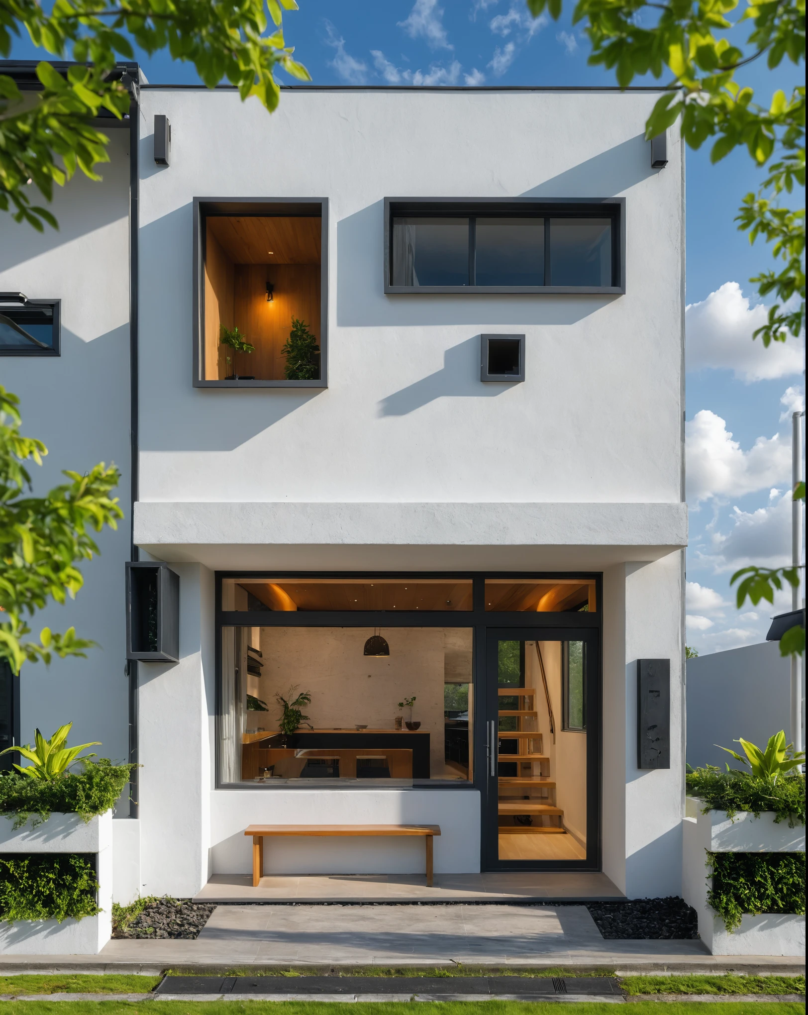 Masterpiece, high quality, best quality, authentic, super detail, outdoors, onestoreyvillaXL, aiaigroup, house style modern on the street ,stairs, white wall ,road,pavement, grass, trees, sky, cloud, (daylight:1.1)