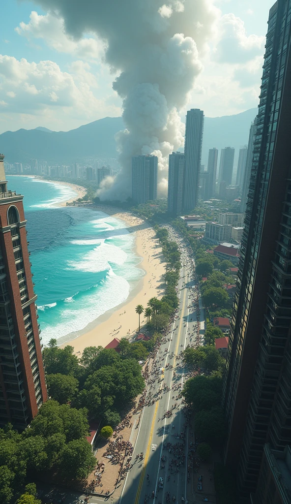Visualize a coastal city in Indonesia with tall buildings, then an earthquake occurred with a large vibration effect, followed by a tsunami wave that hit the coastline.