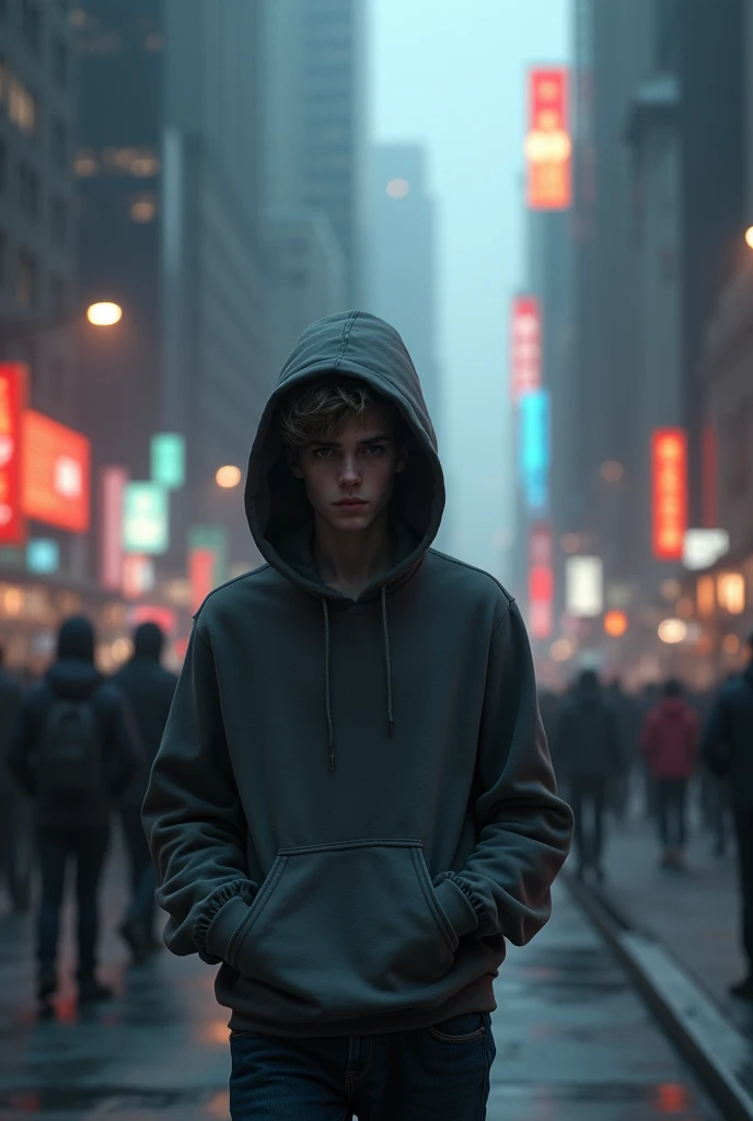 A young adult walking the streets of a big city looks lonely and lost. Wear a hoodie