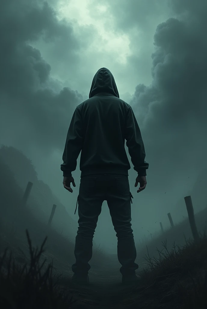 A man in black hoodie and black pants standing raising up his hands in the dark weather and his backside is showing.