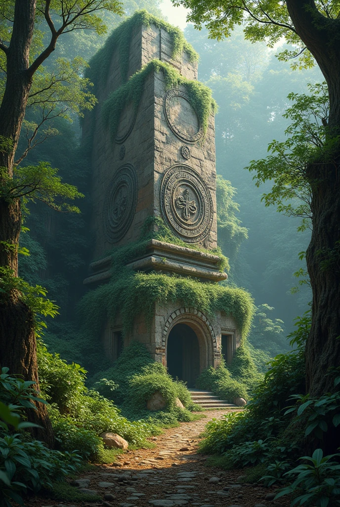 Create a ancient sacred rock in amidst a dense forest ancient hindu , I want only rock