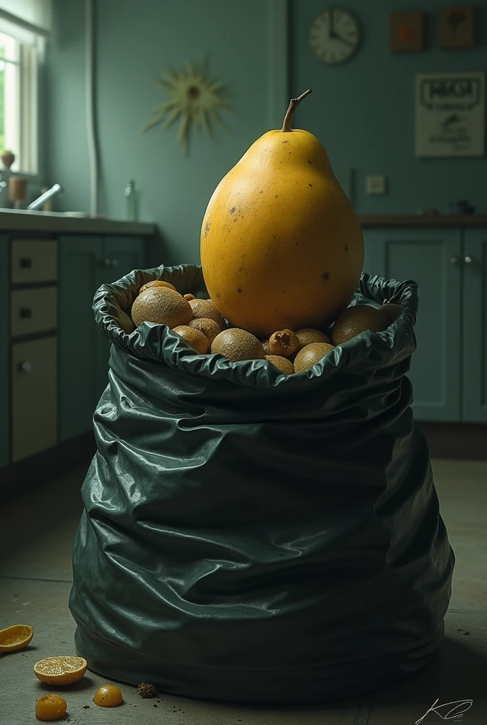 Mango pit sucked into garbage bag 