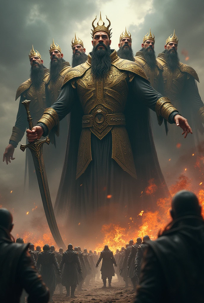A man have 10 simultaneously heads he look very danger and look like a king he had big moustaches on each head he was very big he wore king gold dress which look very very expensive he have two hands a hand contains sword which look very scary in backgroung many a big scary peoples army and destroyed things bloody things seen in sky every thing is black and scary