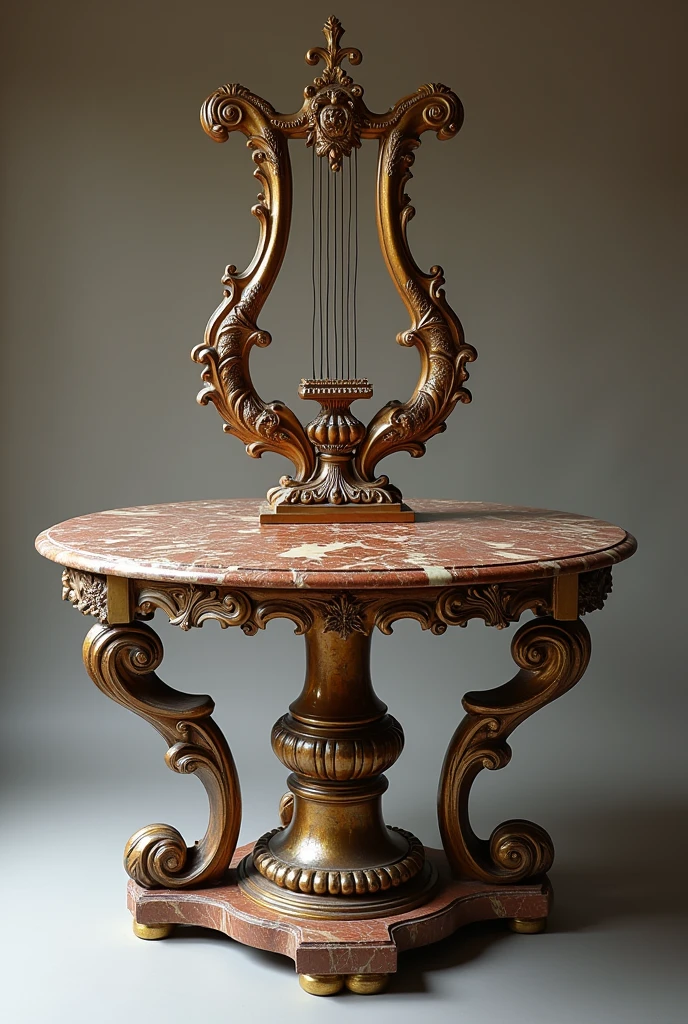 Turned table, lyre-shaped and baroque style, with colored marble finish 

