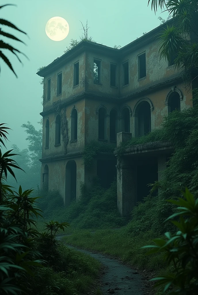 abandoned building, ganja tree, overgrown plants, dilapidated architecture, crumbling walls, broken windows, moonlit night, chiaroscuro lighting, moody atmosphere, eerie ambiance, cinematic composition, muted color palette, atmospheric fog, dramatic shadows, nature reclaiming the urban, photorealistic, highly detailed, 8k, best quality, masterpiece