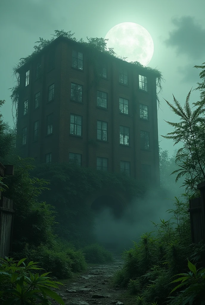 abandoned building, ganja tree, overgrown plants, dilapidated architecture, crumbling walls, broken windows, moonlit night, chiaroscuro lighting, moody atmosphere, eerie ambiance, cinematic composition, muted color palette, atmospheric fog, dramatic shadows, nature reclaiming the urban, photorealistic, highly detailed, 8k, best quality, masterpiece