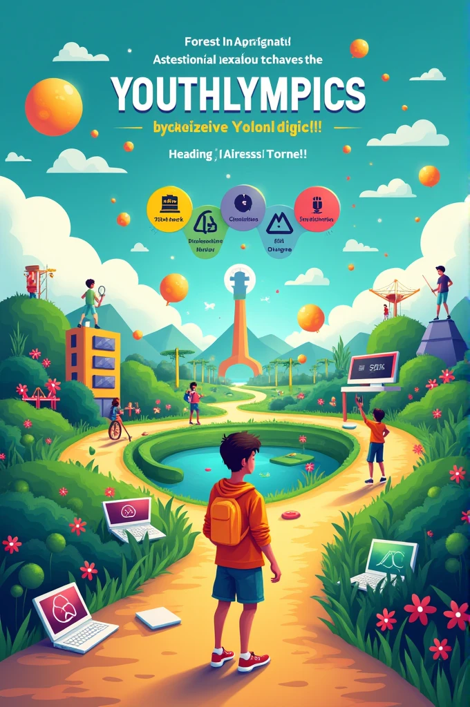 Make me a poster making the theme is Youthlympics Theme: From Clicks to Progress Youth Digital Pathways for Sustainable Development. Youth-Led Digital Activism, Digital Skills for Sustainable Careers, Youth Innovation in Green Tech, Digital Volunteering and Online Advocacy, Crowdsourcing Solutions for Sustainability, Social Media Campaigns for Climate Awareness, Gaming for Good: Youth Engagement in Sustainability, Digital Artand Creativity for Change, Youth-Led Online Communities and Networks, Impact of Youth-Driven Data Projects, Digital Storytelling for Environmental Advocacy.