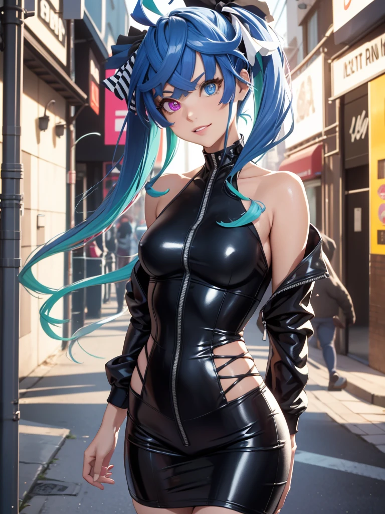 (masterpiece、top-quality、hight resolution、Unity 8k、extremely details CG:1,Best Picture), Twin_Turbo_Umamusume, aqua hair, twintails, heterochromia, purple eyes, blue eyes, sharp teeth, "A famous porn star during a reverse pickup scene shoot, confidently approaching a man on the street. She is dressed provocatively yet stylishly, exuding charm and allure. Her expression is playful and flirtatious, with a mischievous smile as she engages in the act of seduction. The scene captures the boldness and professionalism of the shoot, with the camera crew discreetly in the background, ensuring the focus remains on the star's confident and enticing approach." small breasts