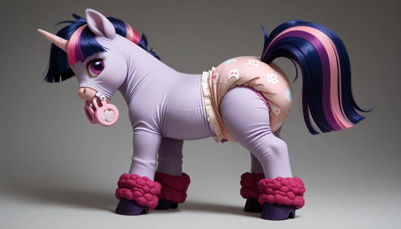 pony, Unicorn, purple wool, dark blue mane with purple streak and pink streak, the tail is dark blue with a purple strand and a pink strand, purple eyes, stands on four hooves, rear hooves spread wide apart, adult filly, dressed in a bodysuit and booties, baby pacifier in mouth, solo, thick diaper under clothes.