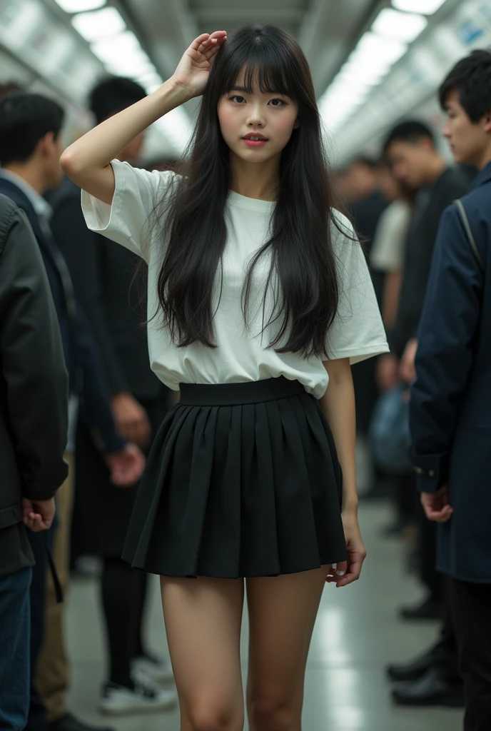 Full body photo of a beautiful Japanese-Korean girl with a little plumpness, long black hair with bangs, wearing a Thai student uniform, a short black skirt, and white sneakers, standing next to a door in the subway, surrounded by a crowd of people, looking at the camera, raising a hand to comb her hair and smiling shyly. A clear photo taken with a dslr camera, 32k resolution.