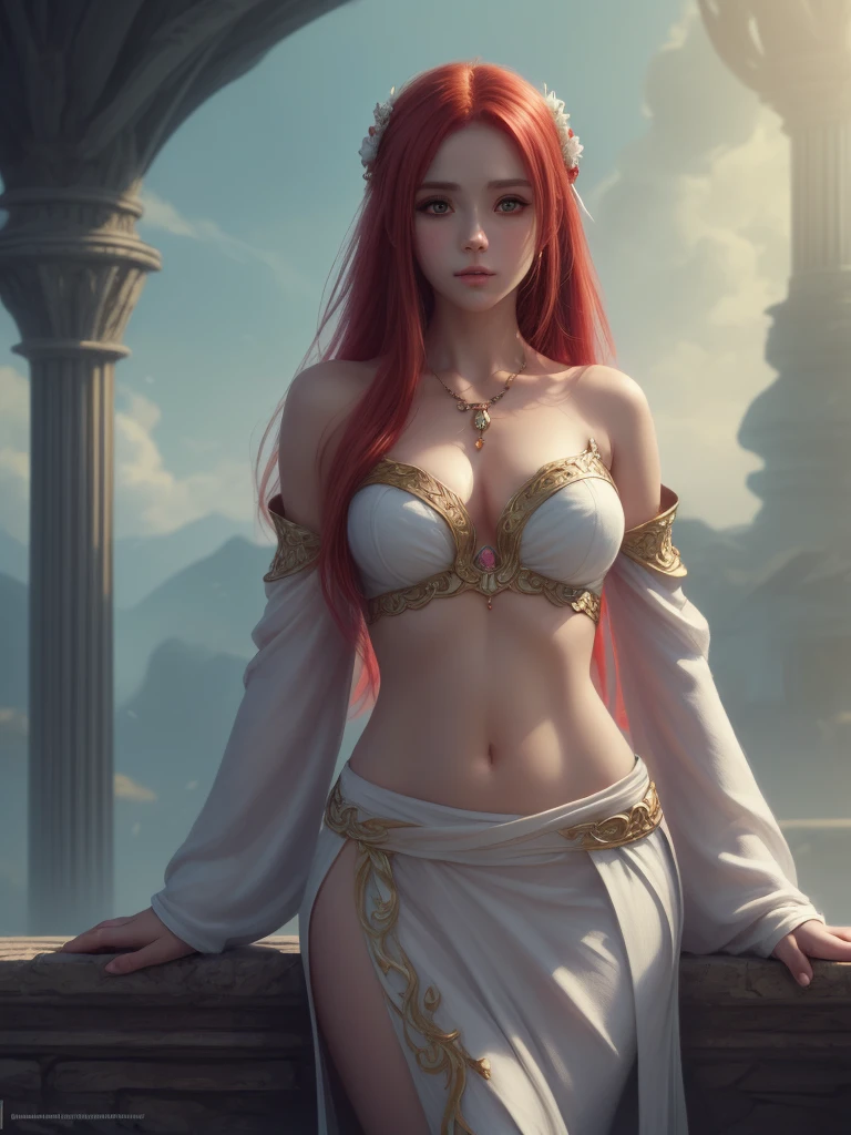 (high quality, ArtStation, Relax Art, fantasy style:1.2), (A beautiful cute girl), (long messy red hair), (white ornate kimono, navel, bare shoulders)