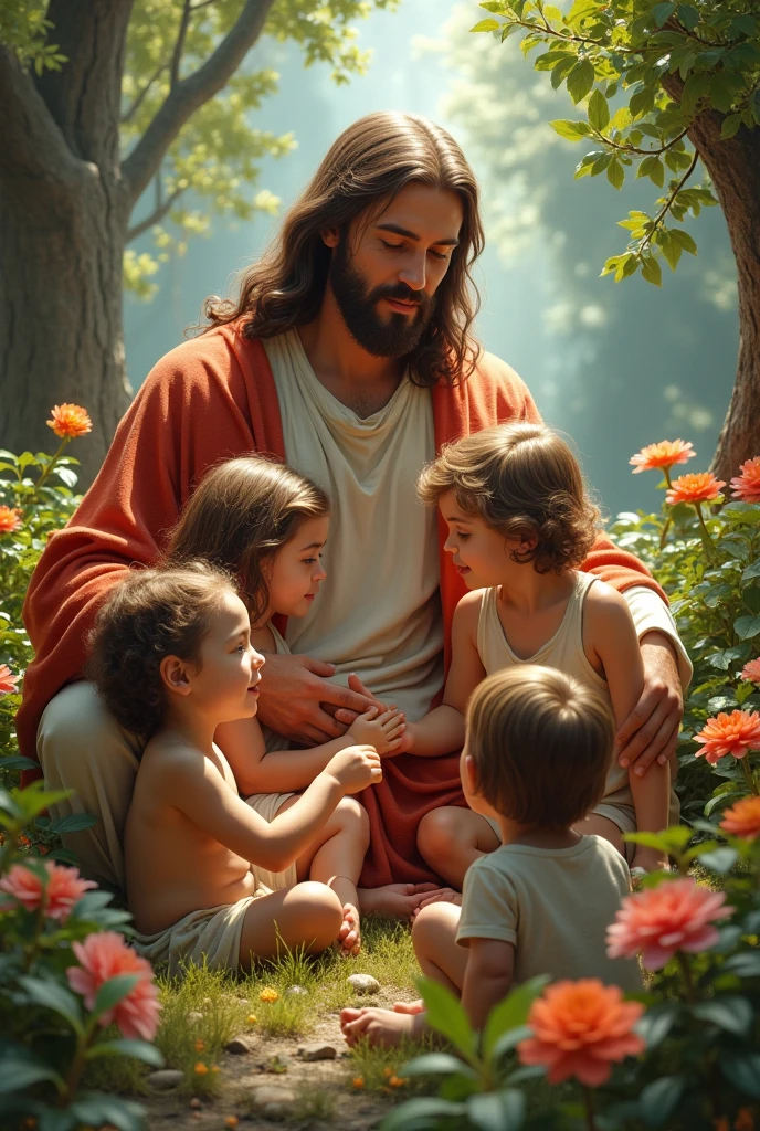 masterpiece), (highly detailed),jesus With his children, beautiful, flowers, nature shot, real photography, 8K, HD