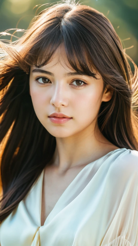 A young beautiful girl of [Random Nationality] expression, (Large Breasts:1.2), cute, sad, close-up portrait, girlish, delicate features, pure beauty, (best quality,4k,8k,highres,masterpiece:1.2),ultra-detailed,(realistic,photorealistic,photo-realistic:1.37), RAW Photos, professional photography, portraiture, soft lighting, professional lighting, backlit, upper body, avert your eyes, sophisticated, film grain, (Eyes and facial details:1.0), beautiful straight hair, hair swaying in the wind, silk blouse, [Random hairstyle]
