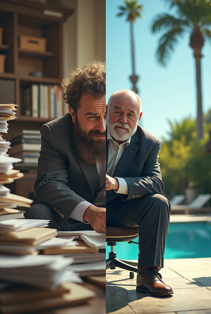 Image Prompt: A split-screen image that shows the contrasting lifestyles of the "Poor Dad" and "Rich Dad." On the left side, "Poor Dad" is depicted in a busy office environment, surrounded by piles of documents, appearing burdened by his work. On the right side, "Rich Dad" is shown in a relaxed outdoor setting, possibly near a pool or in a garden, enjoying the fruits of his investments. The two scenes highlight the differences in their approaches to work, money, and life.