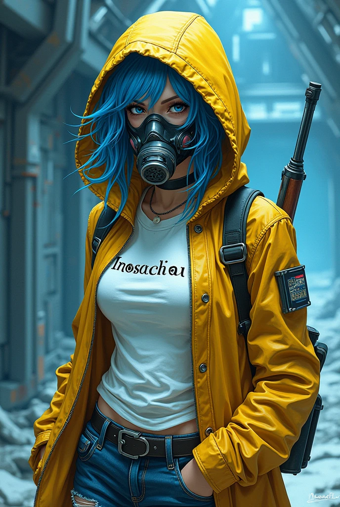 prompt: drawing style is like Akira Toriyama in Metal slug Arale , futuristic environment blue hair  , gas or oxygen mask that covers the mouth and nose , The woman&#39;s style is like a dragon ball npc   , The woman is wearing a coat with a yellow hood that covers part of her hair and a white t-shirt with the name Inoscachu written in black letters on the shirt, torn clothing, a rifle on her back 