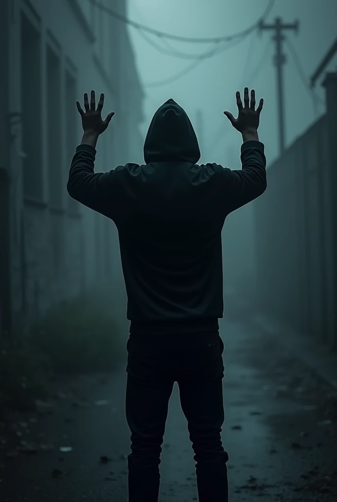 A man in black hoodie and black pants standing raising up his hands in the dark weather and his backside is showing. His hands are raising.