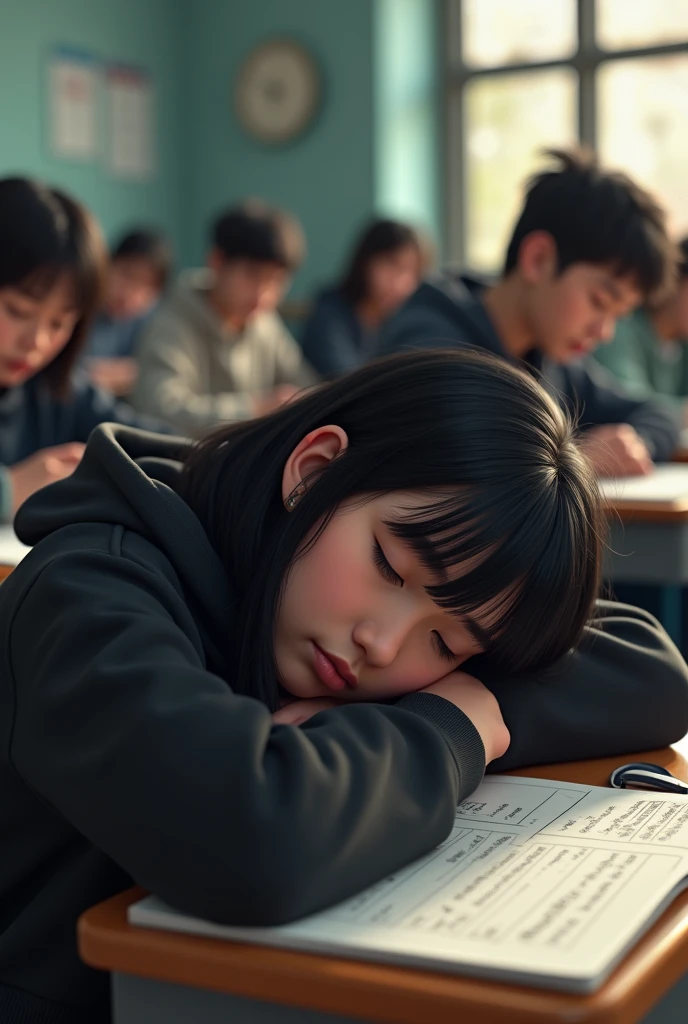 uma negra,straight black hair and bangs in the classroom in the black hoodie sleeping in the classroom,zoomed in view of the classroom full of students,realisitic