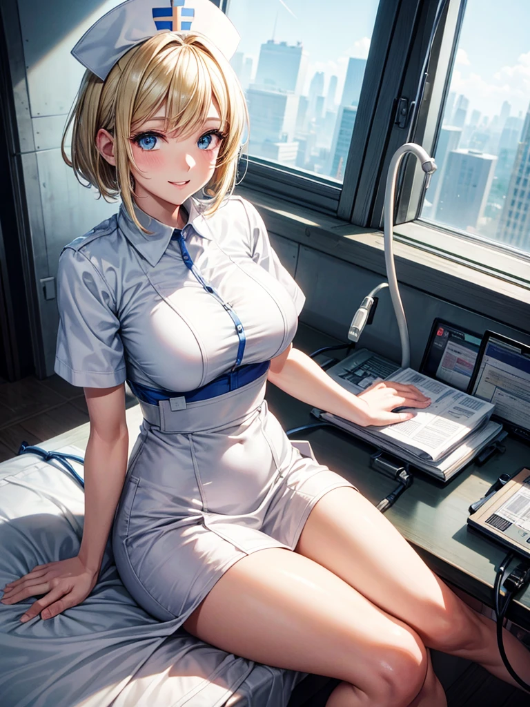 Anime style, super fine illustration, highly detailed, beautiful detailed, perfect detailed, super high quality image, static representation, gentle expression, happy expression, the pretty image, 8k, pretty 1girl with blonde straight short hair & blue eyes & a bright smile & full bust & soft fair skin is a female nurse not to show her skin wearing all white uniform & white tight skirt on the corridor of big general hospital, medical equipments, bed, solo, perfect fingers, no more fingers, no less fingers, perfect arms, no more arms, perfect legs, no more legs, masterpiece.