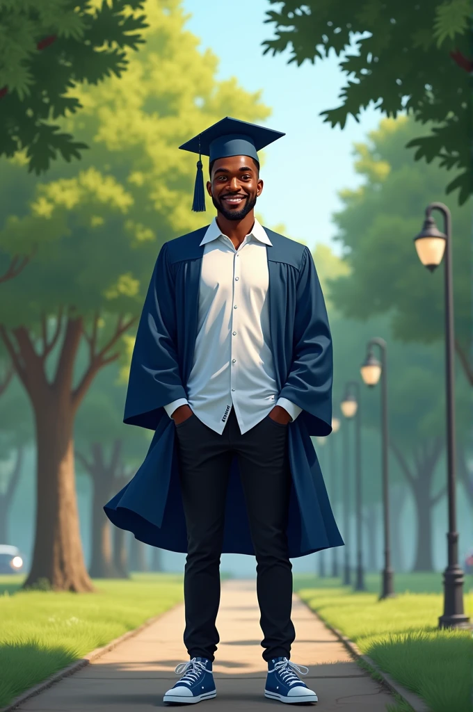 A man is standing in a park surrounded by a lush green landscape with numerous trees. He is wearing white shirt a graduation dress and graduation hat, black bant and a pair of sneakers with blue shoelaces. The man''s face is visible, showing that he is a 3 African American male. In the background, there is a car parked nearby and streetlights lining the path. The color palette of the scene includes shades of blue, green, and earth tones. The setting evokes a peaceful atmosphere, perfect for a leisurely stroll or enjoying nature.